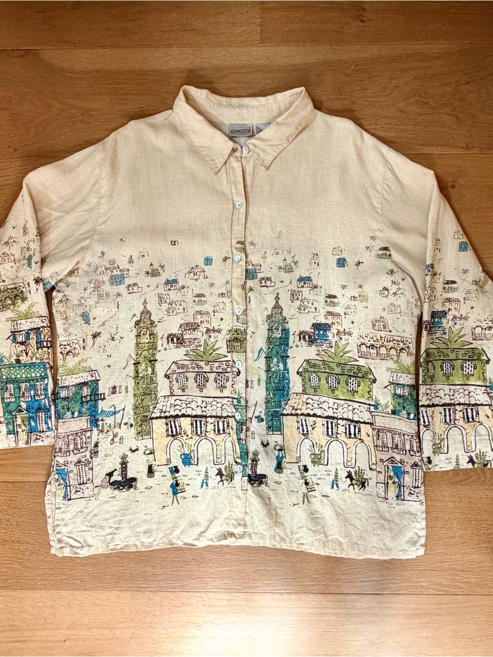 Chico’s Linen Village Cityscape Print Button Down Shirt Relaxed Sz 3/XL Coastal